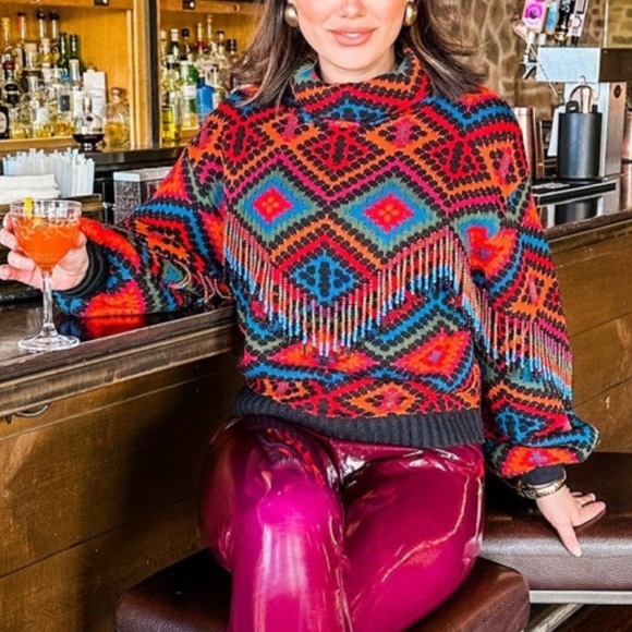 FARM RIO Rauti Turtleneck Sweater, Beaded Tassel Aztec Multi Colored Fringe, XS - Picture 5 of 7